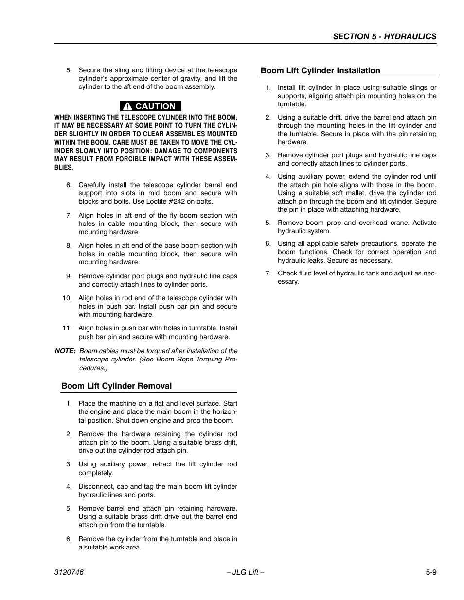 Boom lift cylinder removal, Boom lift cylinder installation | JLG 601S ANSI Service Manual User Manual | Page 157 / 244