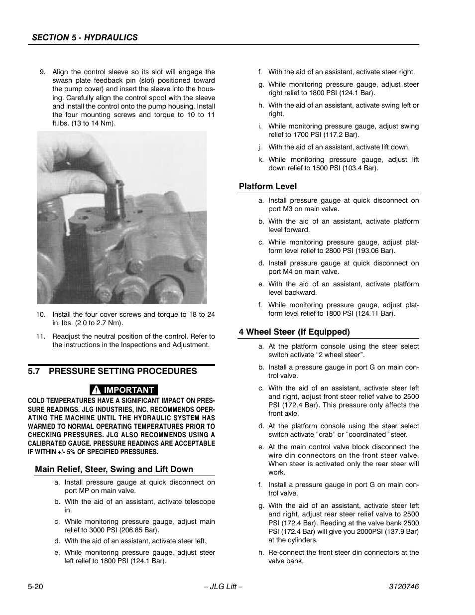 7 pressure setting procedures, Main relief, steer, swing and lift down, Platform level | 4 wheel steer (if equipped), Pressure setting procedures -20 | JLG 601S ANSI Service Manual User Manual | Page 168 / 244