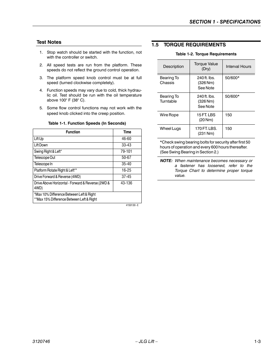 Test notes, 5 torque requirements, Test notes -3 | Torque requirements -3, Function speeds (in seconds) -3 | JLG 601S ANSI Service Manual User Manual | Page 19 / 244