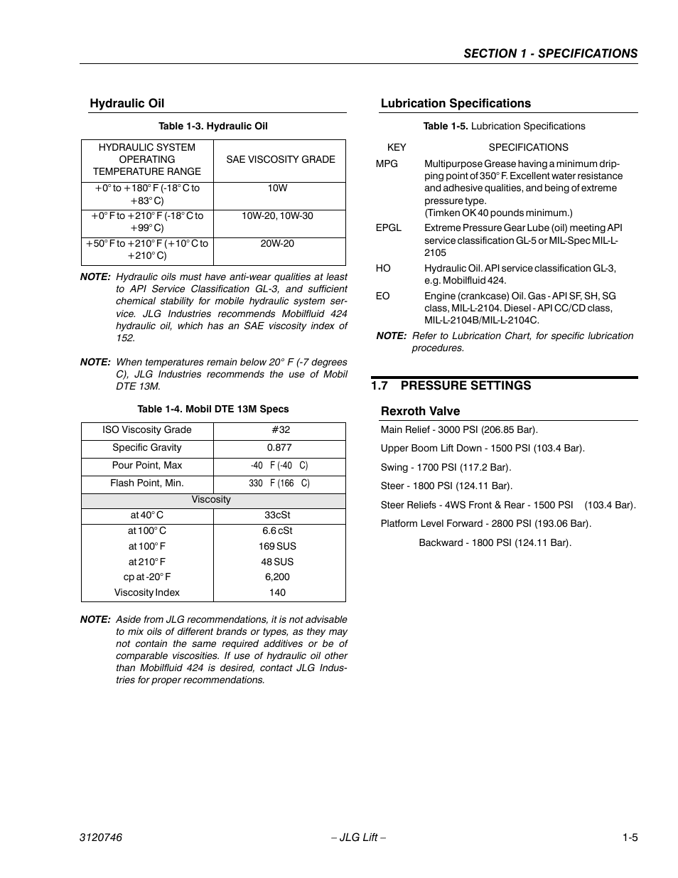Hydraulic oil, Lubrication specifications, 7 pressure settings | Rexroth valve, Hydraulic oil -5 lubrication specifications -5, Pressure settings -5, Rexroth valve -5, Hydraulic oil -5, Mobil dte 13m specs -5, Lubrication specifications -5 | JLG 601S ANSI Service Manual User Manual | Page 21 / 244