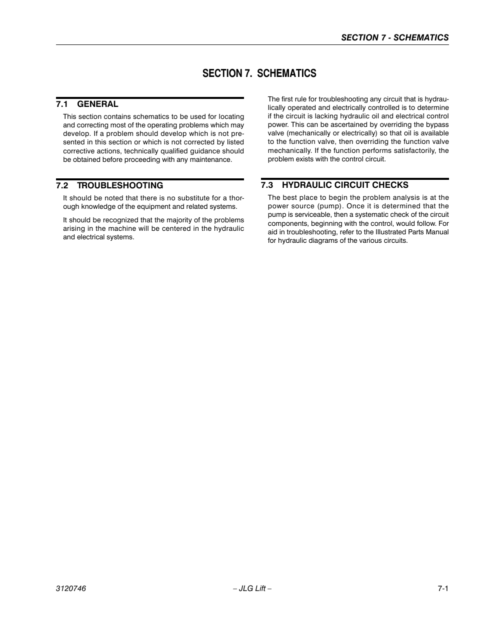 Section 7. schematics, 1 general, 2 troubleshooting | 3 hydraulic circuit checks, Section 7 - schematics, General -1, Troubleshooting -1, Hydraulic circuit checks -1 | JLG 601S ANSI Service Manual User Manual | Page 223 / 244