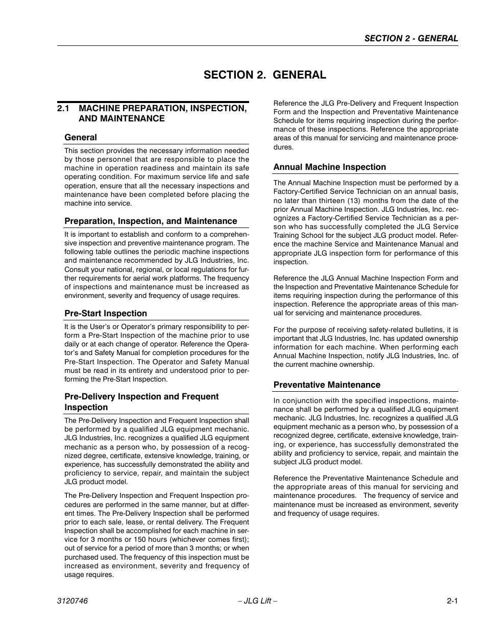 Section 2. general, 1 machine preparation, inspection, and maintenance, General | Preparation, inspection, and maintenance, Pre-start inspection, Pre-delivery inspection and frequent inspection, Annual machine inspection, Preventative maintenance, Section 2 - general | JLG 601S ANSI Service Manual User Manual | Page 27 / 244