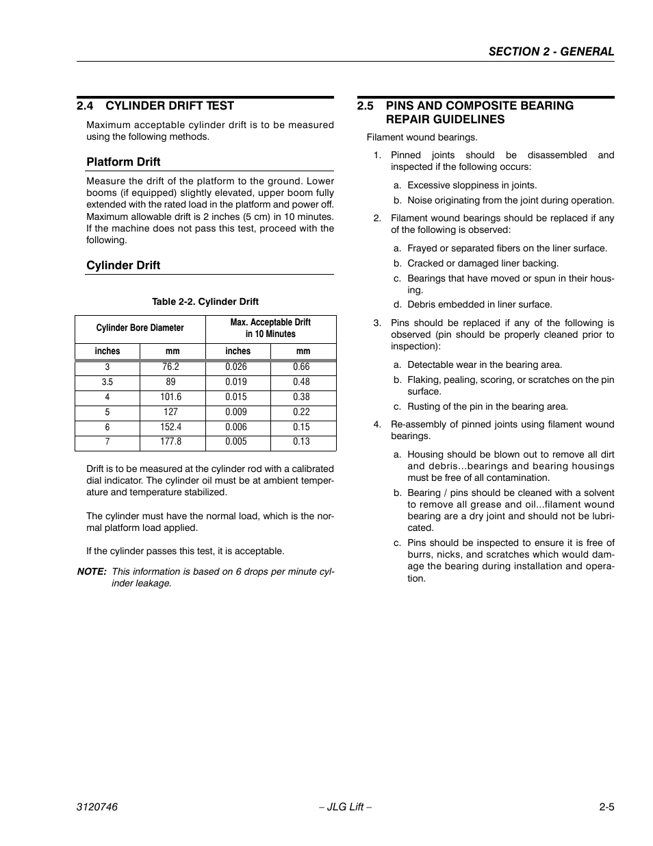 4 cylinder drift test, Platform drift, Cylinder drift | 5 pins and composite bearing repair guidelines, Cylinder drift test -5, Platform drift -5 cylinder drift -5, Pins and composite bearing repair guidelines -5, Cylinder drift -5 | JLG 601S ANSI Service Manual User Manual | Page 31 / 244