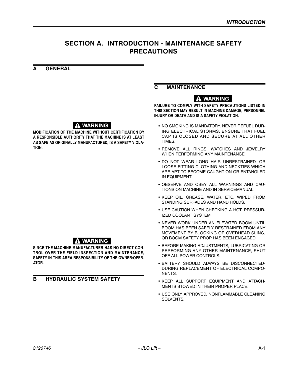 A general, B hydraulic system safety, C maintenance | JLG 601S ANSI Service Manual User Manual | Page 5 / 244