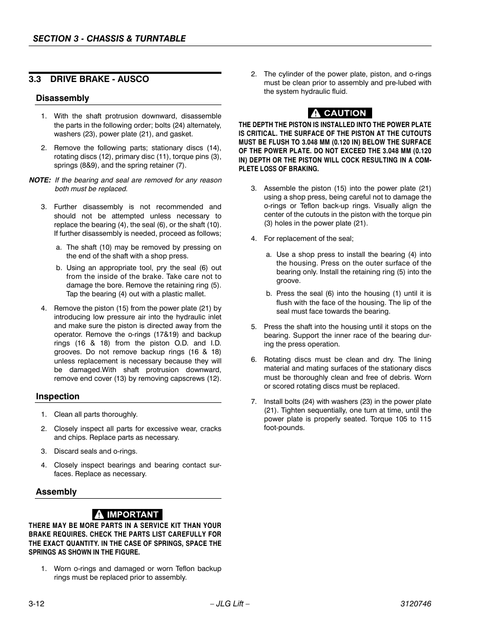 3 drive brake - ausco, Disassembly, Inspection | Assembly, Drive brake - ausco -12, Disassembly -12 inspection -12 assembly -12 | JLG 601S ANSI Service Manual User Manual | Page 52 / 244