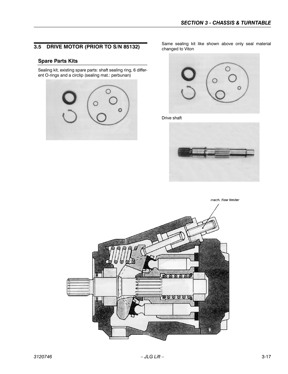 5 drive motor (prior to s/n 85132), Spare parts kits, Drive motor (prior to s/n 85132) -17 | Spare parts kits -17 | JLG 601S ANSI Service Manual User Manual | Page 57 / 244