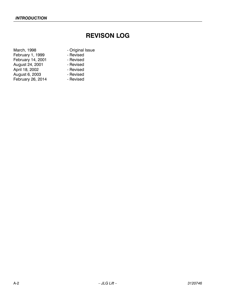 Revison log | JLG 601S ANSI Service Manual User Manual | Page 6 / 244