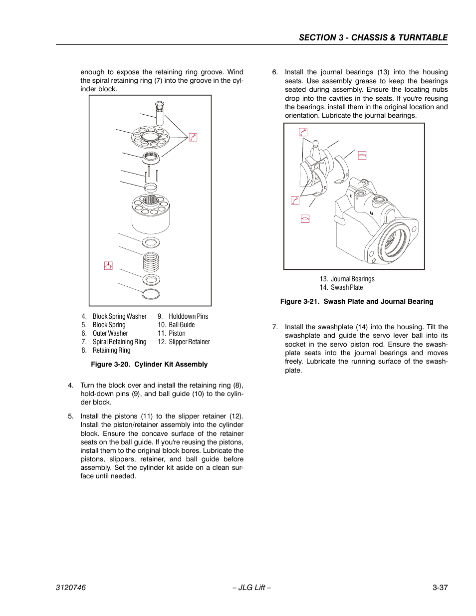 Cylinder kit assembly -37, Swash plate and journal bearing -37 | JLG 601S ANSI Service Manual User Manual | Page 77 / 244