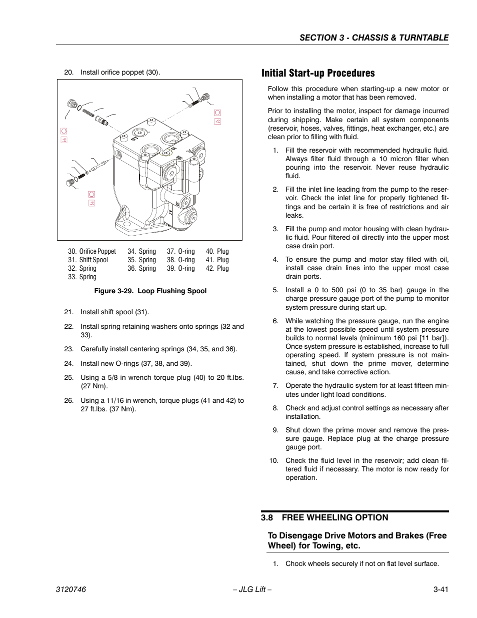 Initial start-up procedures, 8 free wheeling option, Initial start-up procedures -41 | Free wheeling option -41, Loop flushing spool -41 | JLG 601S ANSI Service Manual User Manual | Page 81 / 244