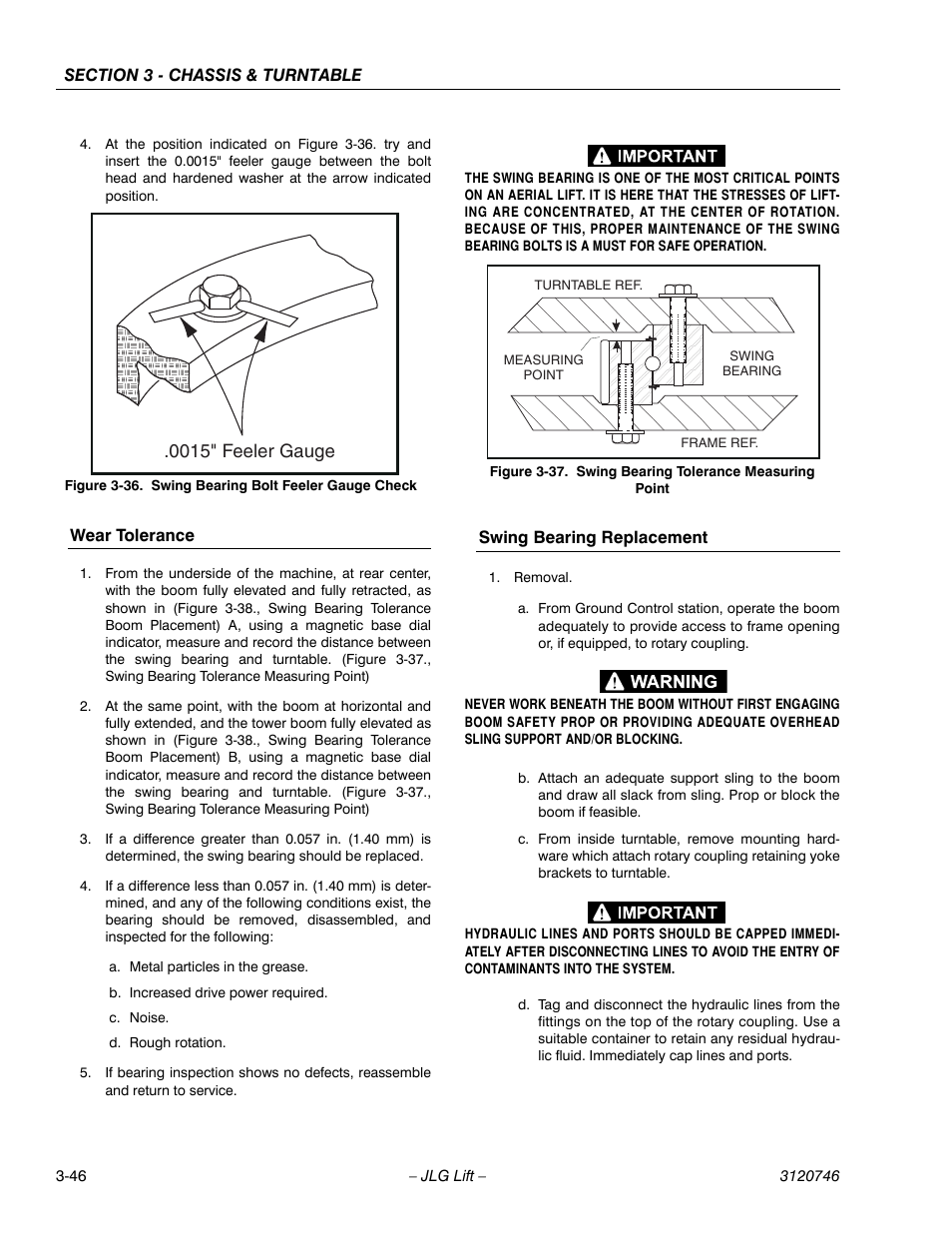 Wear tolerance, Swing bearing replacement, Wear tolerance -46 swing bearing replacement -46 | Swing bearing bolt feeler gauge check -46, Swing bearing tolerance measuring point -46, 0015" feeler gauge | JLG 601S ANSI Service Manual User Manual | Page 86 / 244