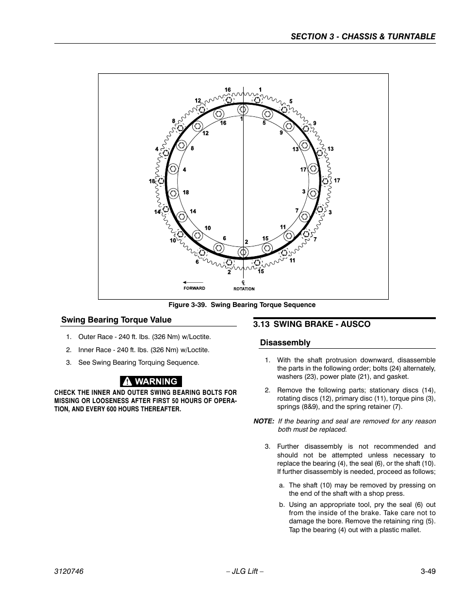 Swing bearing torque value, 13 swing brake - ausco, Disassembly | Swing bearing torque value -49, Swing brake - ausco -49, Disassembly -49, Swing bearing torque sequence -49 | JLG 601S ANSI Service Manual User Manual | Page 89 / 244