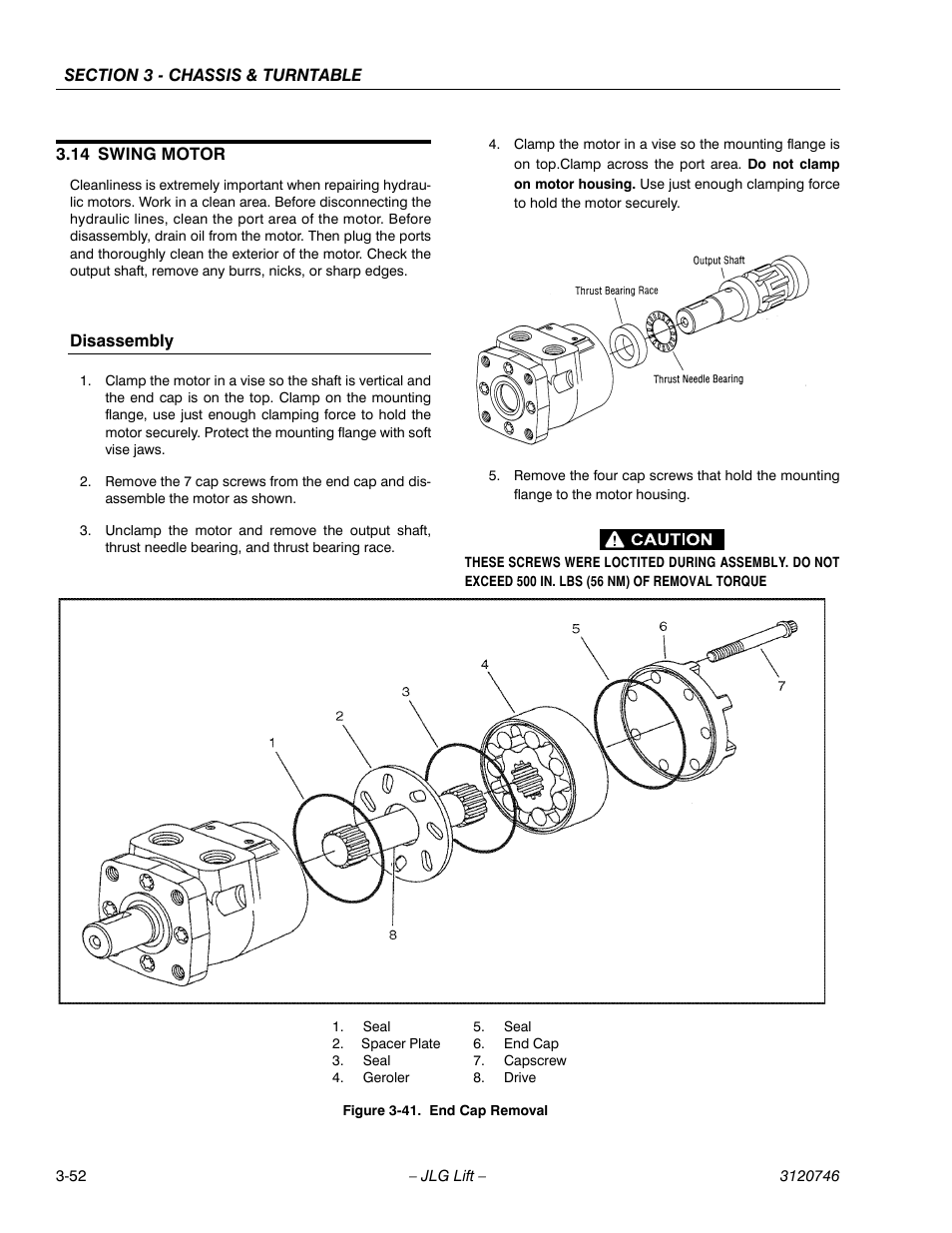 14 swing motor, Disassembly, Swing motor -52 | Disassembly -52, End cap removal -52 | JLG 601S ANSI Service Manual User Manual | Page 92 / 244