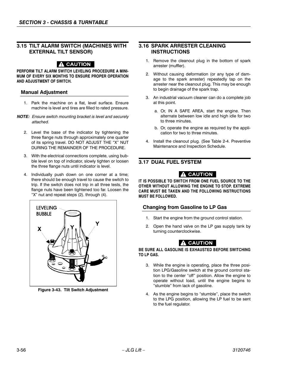 Manual adjustment, 16 spark arrester cleaning instructions, 17 dual fuel system | Changing from gasoline to lp gas, Manual adjustment -56, Spark arrester cleaning instructions -56, Dual fuel system -56, Changing from gasoline to lp gas -56, Tilt switch adjustment -56 | JLG 601S ANSI Service Manual User Manual | Page 96 / 244