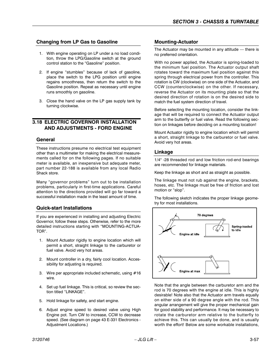Changing from lp gas to gasoline, General, Quick-start installations | Mounting-actuator, Linkage, Changing from lp gas to gasoline -57 | JLG 601S ANSI Service Manual User Manual | Page 97 / 244