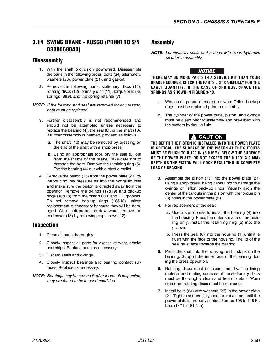14 swing brake - ausco (prior to s/n 0300068040), Disassembly, Inspection | Assembly, Swing brake - ausco (prior to s/n 0300068040) -59, Disassembly -59 inspection -59 assembly -59 | JLG 800A_AJ Service Manual User Manual | Page 115 / 466