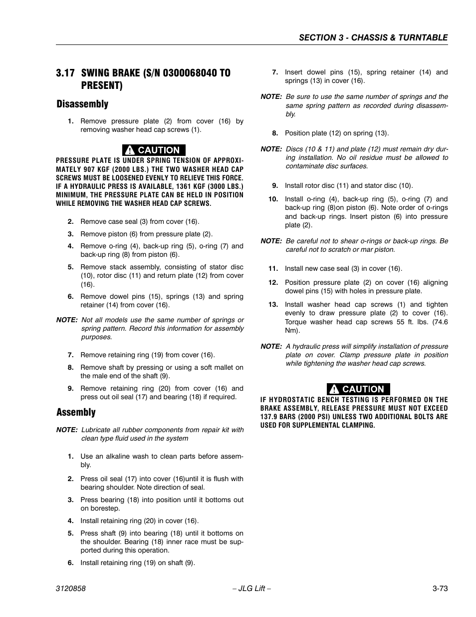 17 swing brake (s/n 0300068040 to present), Disassembly, Assembly | Swing brake (s/n 0300068040 to present) -73, Disassembly -73 assembly -73 | JLG 800A_AJ Service Manual User Manual | Page 129 / 466