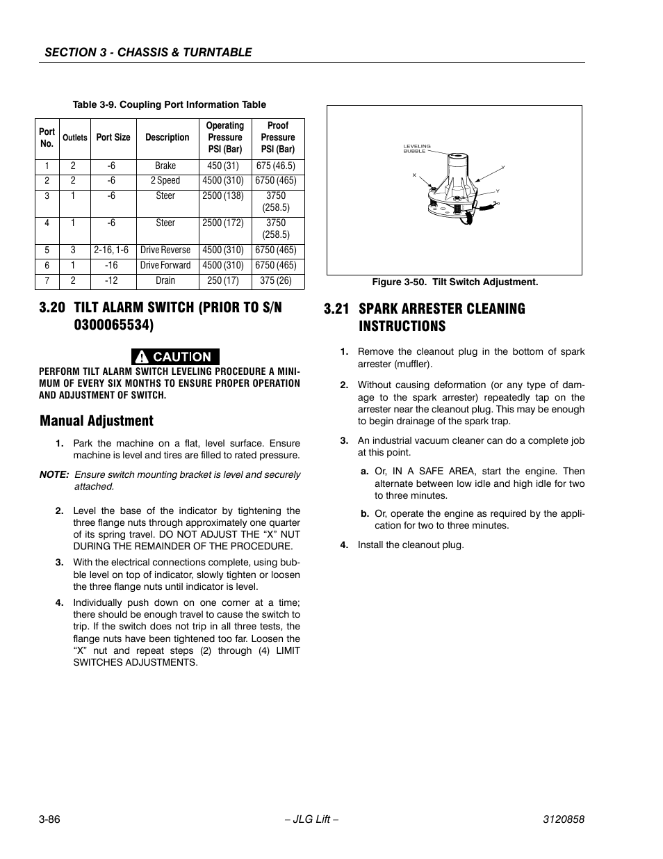 20 tilt alarm switch (prior to s/n 0300065534), Manual adjustment, 21 spark arrester cleaning instructions | Tilt alarm switch (prior to s/n 0300065534) -86, Manual adjustment -86, Spark arrester cleaning instructions -86, Tilt switch adjustment -86, Coupling port information table -86 | JLG 800A_AJ Service Manual User Manual | Page 142 / 466