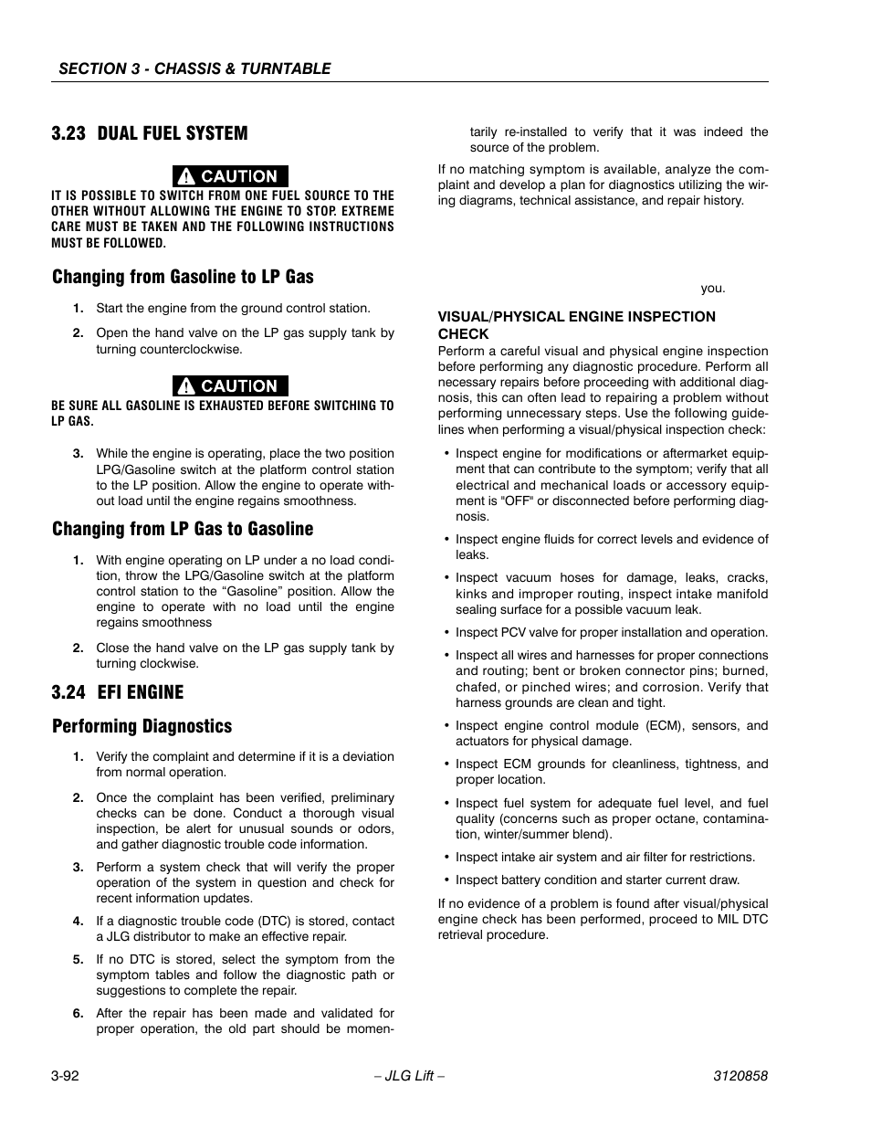 23 dual fuel system, Changing from gasoline to lp gas, Changing from lp gas to gasoline | 24 efi engine, Performing diagnostics, Dual fuel system -92, 24 efi engine performing diagnostics | JLG 800A_AJ Service Manual User Manual | Page 148 / 466