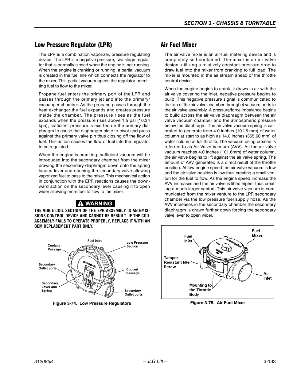 Low pressure regulator (lpr), Air fuel mixer, Low pressure regulators -133 | Air fuel mixer -133 | JLG 800A_AJ Service Manual User Manual | Page 189 / 466