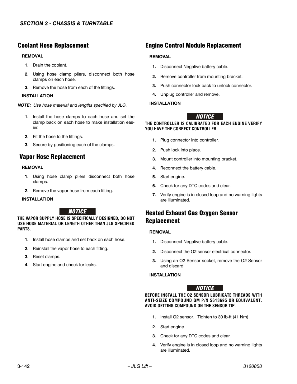 Coolant hose replacement, Vapor hose replacement, Engine control module replacement | Heated exhaust gas oxygen sensor replacement | JLG 800A_AJ Service Manual User Manual | Page 198 / 466