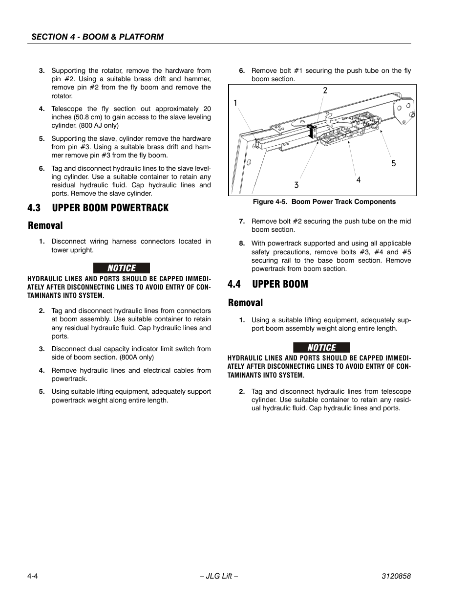 3 upper boom powertrack, Removal, 4 upper boom | Boom power track components -4, 3 upper boom powertrack removal, 4 upper boom removal | JLG 800A_AJ Service Manual User Manual | Page 218 / 466