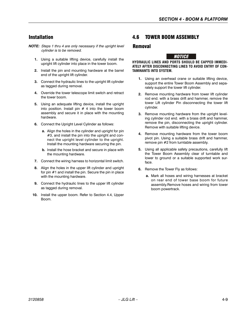 Installation, 6 tower boom assembly, Removal | 6 tower boom assembly removal | JLG 800A_AJ Service Manual User Manual | Page 223 / 466