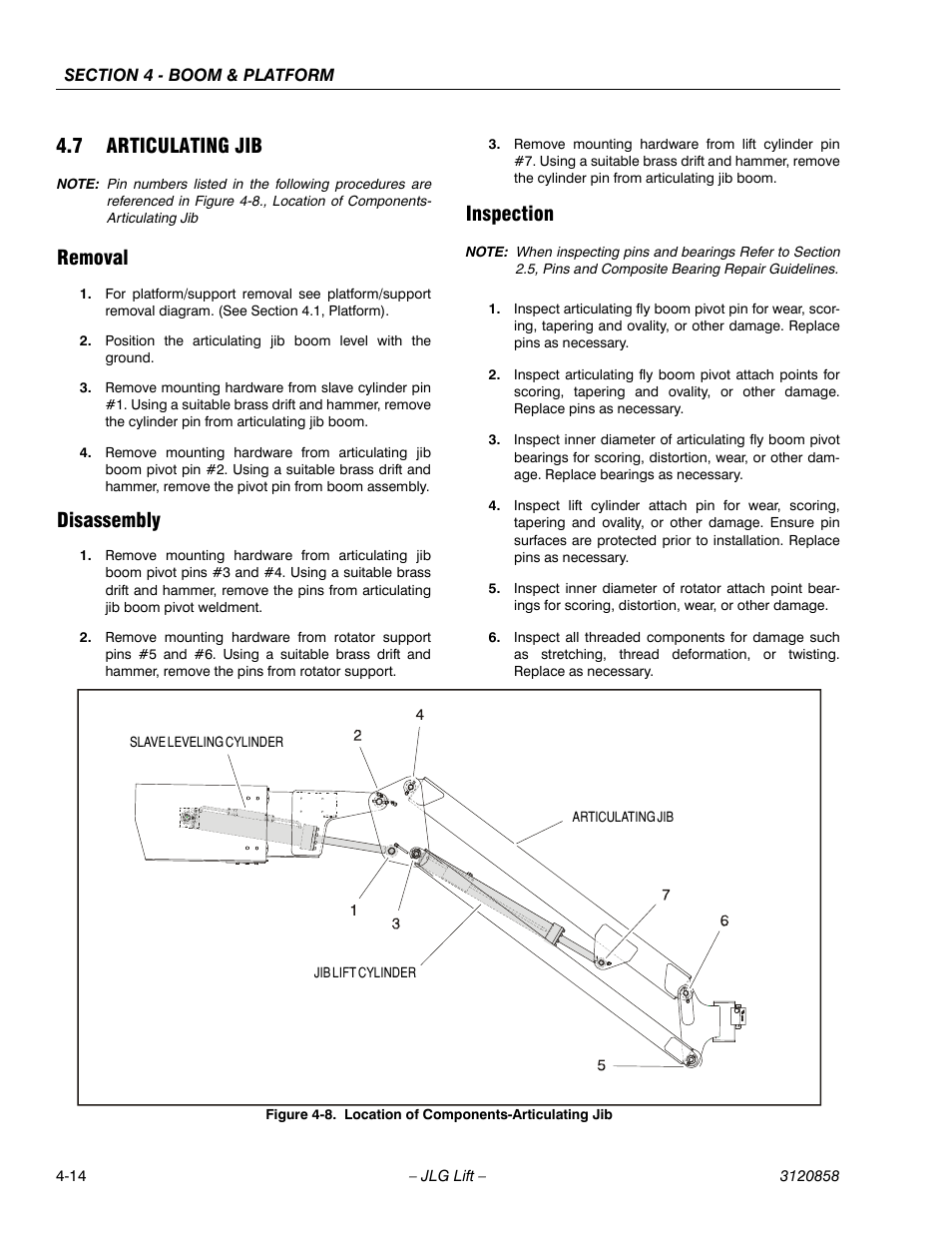 7 articulating jib, Removal, Disassembly | Inspection, Location of components-articulating jib -14 | JLG 800A_AJ Service Manual User Manual | Page 228 / 466