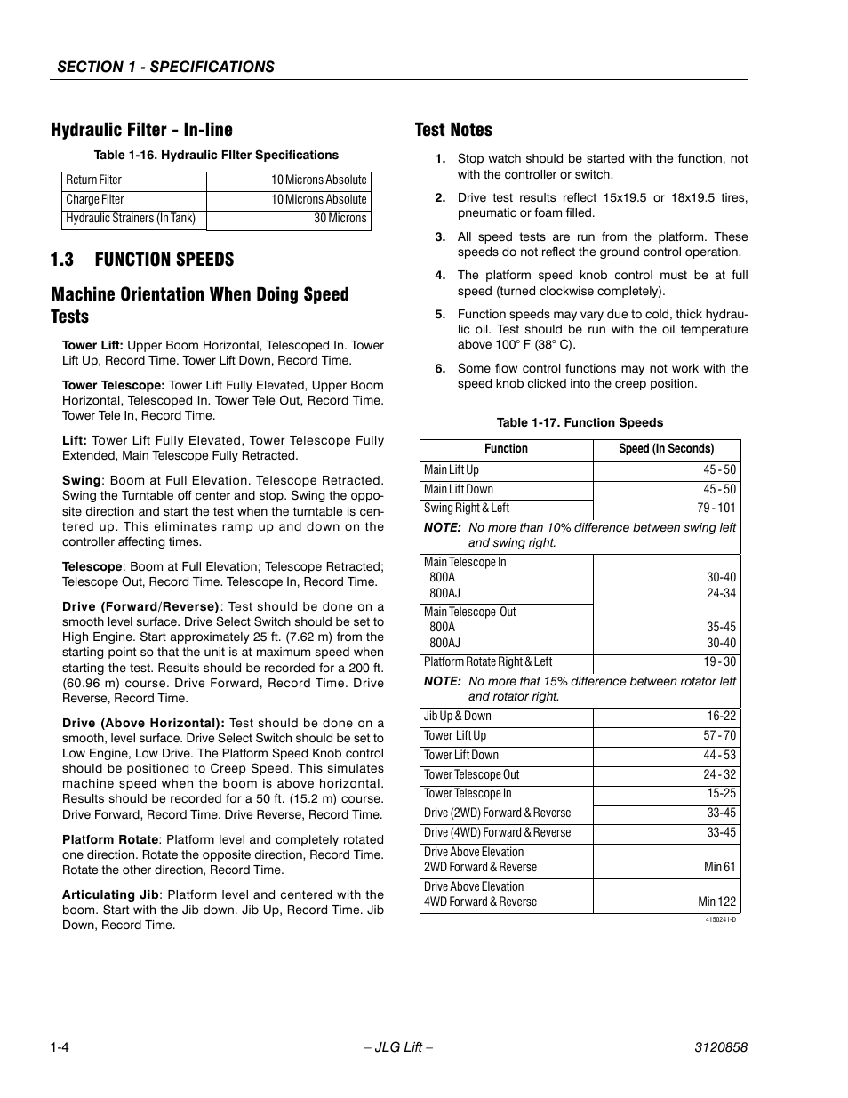 Hydraulic filter - in-line, 3 function speeds, Machine orientation when doing speed tests | Test notes, Hydraulic filter - in-line -4, Function speeds -4, Hydraulic filter specifications -4 | JLG 800A_AJ Service Manual User Manual | Page 24 / 466