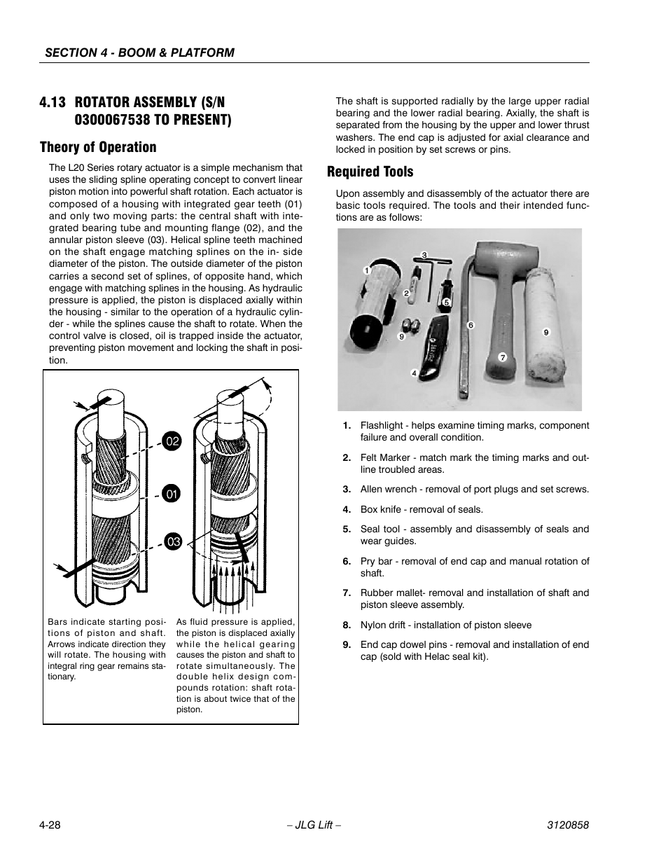 13 rotator assembly (s/n 0300067538 to present), Theory of operation, Required tools | JLG 800A_AJ Service Manual User Manual | Page 242 / 466