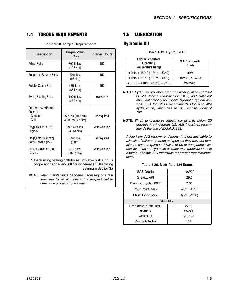 4 torque requirements, 5 lubrication, Hydraulic oil | Torque requirements -5, Lubrication -5, Hydraulic oil -5, Mobilfluid 424 specs -5, 5 lubrication hydraulic oil | JLG 800A_AJ Service Manual User Manual | Page 25 / 466