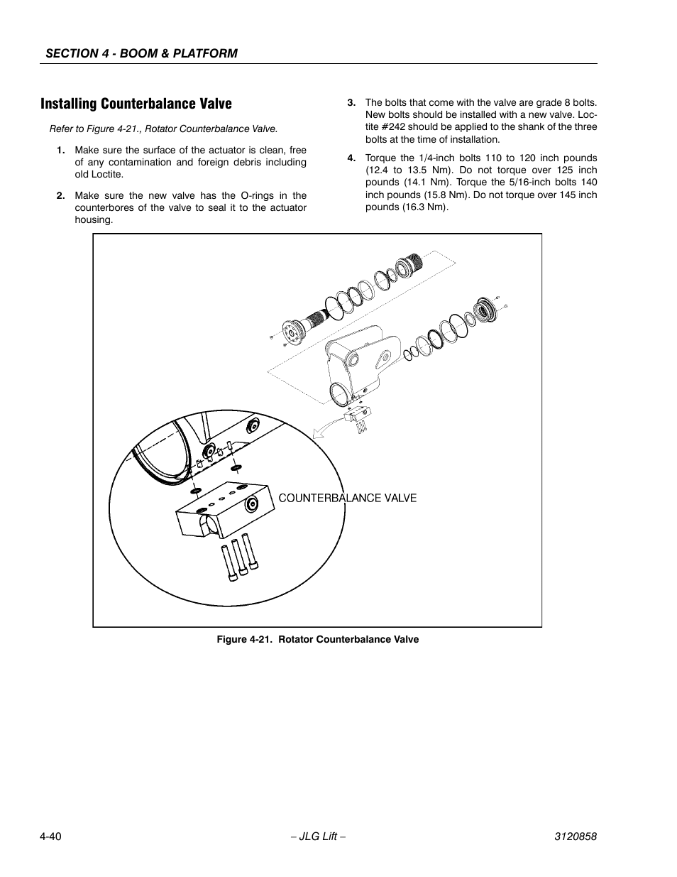 Installing counterbalance valve, Rotator counterbalance valve -40 | JLG 800A_AJ Service Manual User Manual | Page 254 / 466