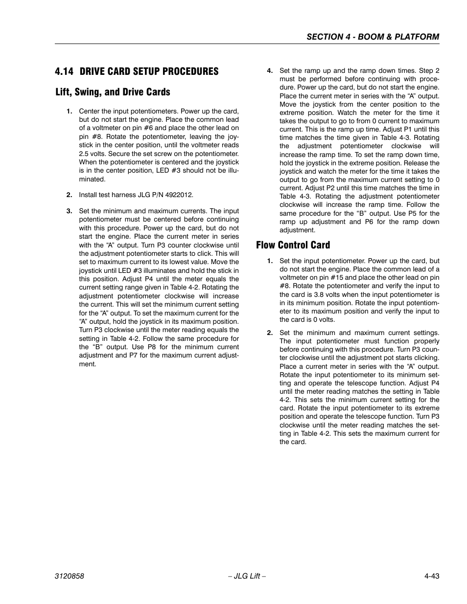 14 drive card setup procedures, Lift, swing, and drive cards, Flow control card | JLG 800A_AJ Service Manual User Manual | Page 257 / 466