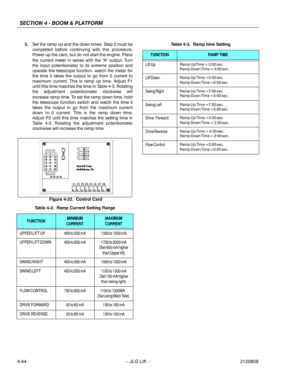Control card -44, Ramp current setting range -44, Ramp time setting -44 | Ven in table 4-2. rot, Table 4-2. f, Me given in table 4-3, Table 4-3, Ng in table 4-2. this s, In table 4-2. this s | JLG 800A_AJ Service Manual User Manual | Page 258 / 466