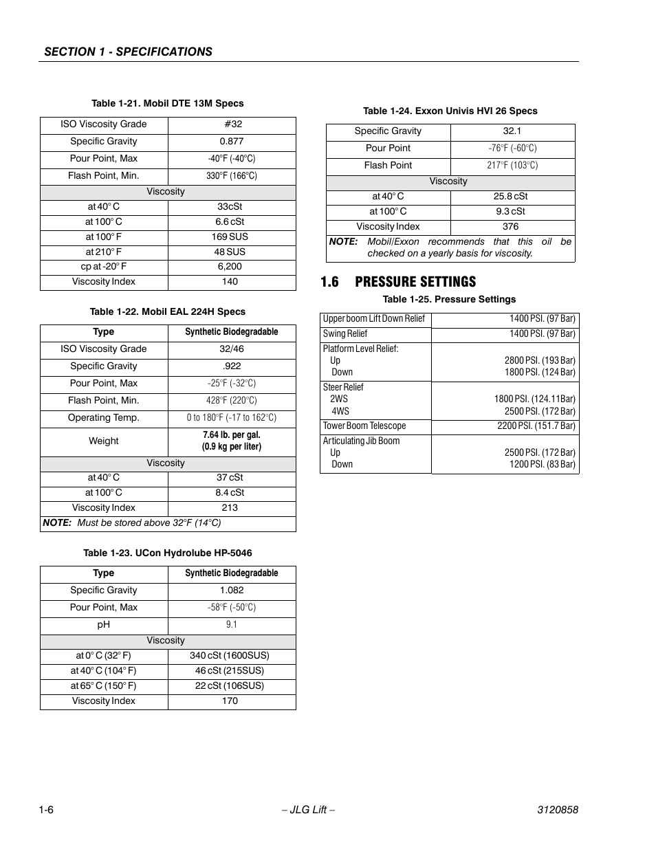 6 pressure settings, Pressure settings -6, Mobil dte 13m specs -6 | Mobil eal 224h specs -6, Ucon hydrolube hp-5046 -6, Exxon univis hvi 26 specs -6 | JLG 800A_AJ Service Manual User Manual | Page 26 / 466