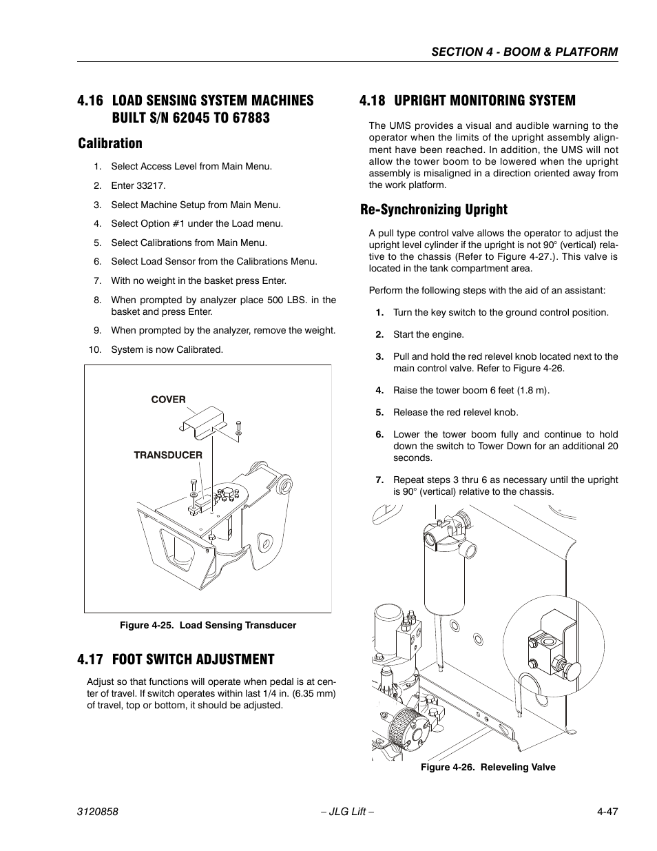 Calibration, 17 foot switch adjustment, 18 upright monitoring system | Re-synchronizing upright, Load sensing transducer -47, Releveling valve -47 | JLG 800A_AJ Service Manual User Manual | Page 261 / 466