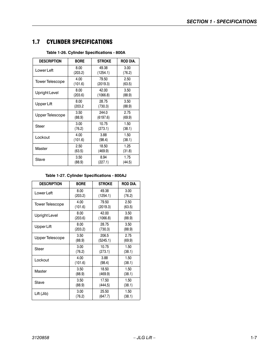 7 cylinder specifications, Cylinder specifications -7, Cylinder specifications - 800a -7 | Cylinder specifications - 800aj -7 | JLG 800A_AJ Service Manual User Manual | Page 27 / 466