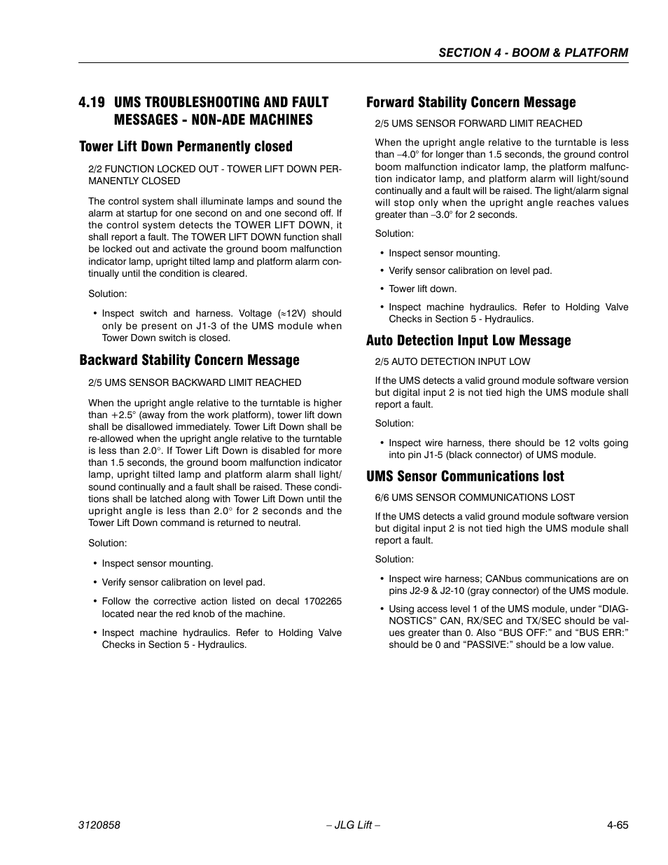 Tower lift down permanently closed, Backward stability concern message, Forward stability concern message | Auto detection input low message, Ums sensor communications lost | JLG 800A_AJ Service Manual User Manual | Page 279 / 466