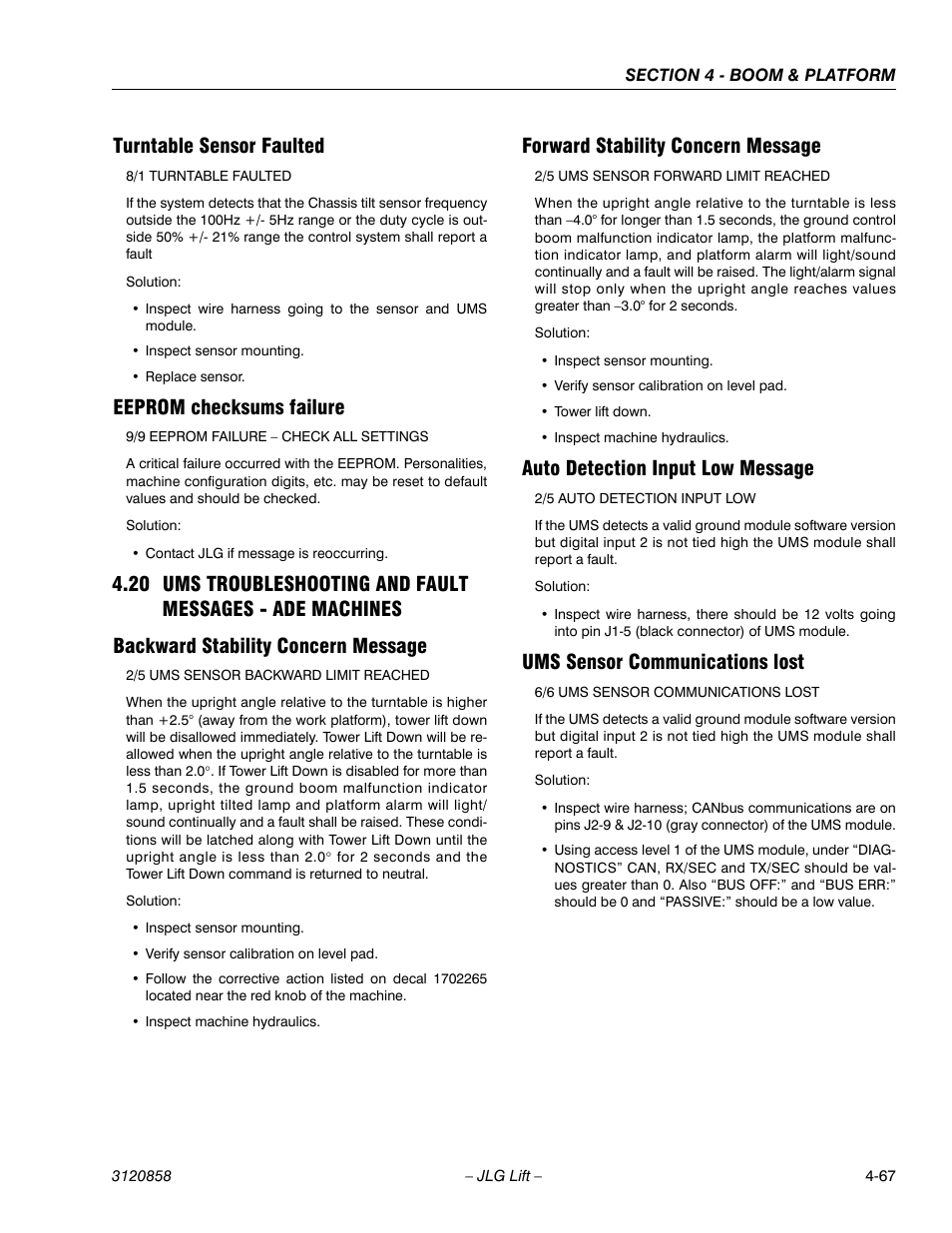 Turntable sensor faulted, Eeprom checksums failure, Backward stability concern message | Forward stability concern message, Auto detection input low message, Ums sensor communications lost | JLG 800A_AJ Service Manual User Manual | Page 281 / 466