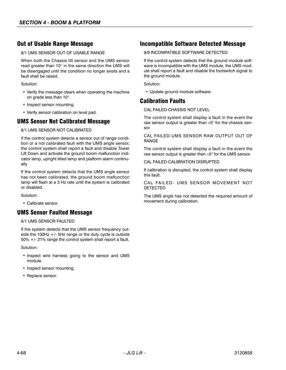 Out of usable range message, Ums sensor not calibrated message, Ums sensor faulted message | Incompatible software detected message, Calibration faults | JLG 800A_AJ Service Manual User Manual | Page 282 / 466