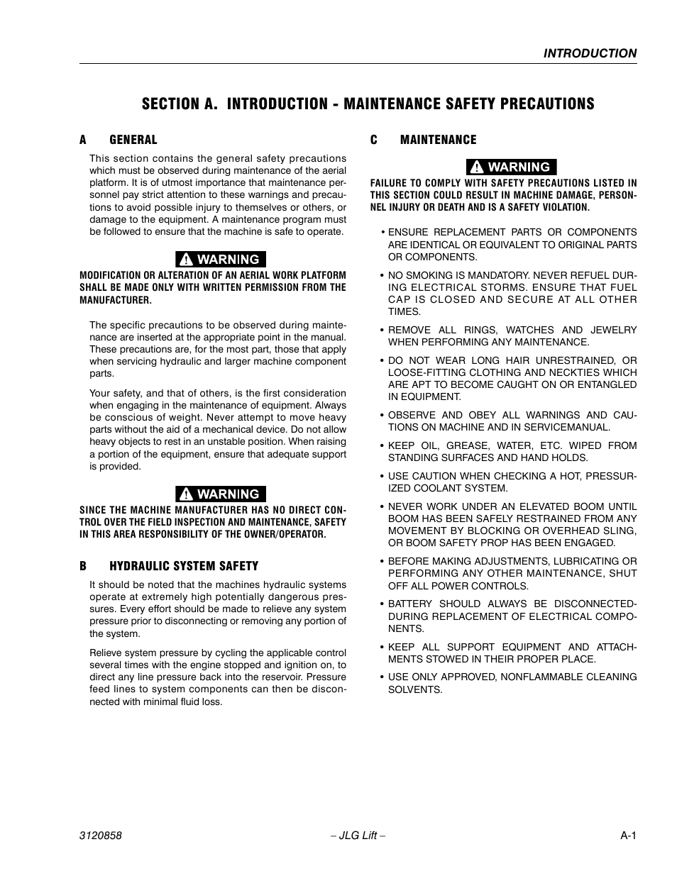 A general, B hydraulic system safety, C maintenance | JLG 800A_AJ Service Manual User Manual | Page 3 / 466