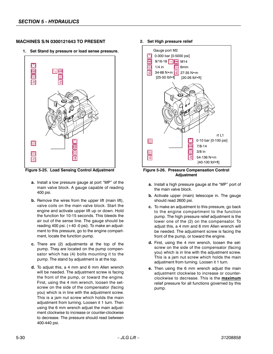 Load sensing control adjustment -30, Pressure compensation control adjustment -30 | JLG 800A_AJ Service Manual User Manual | Page 312 / 466