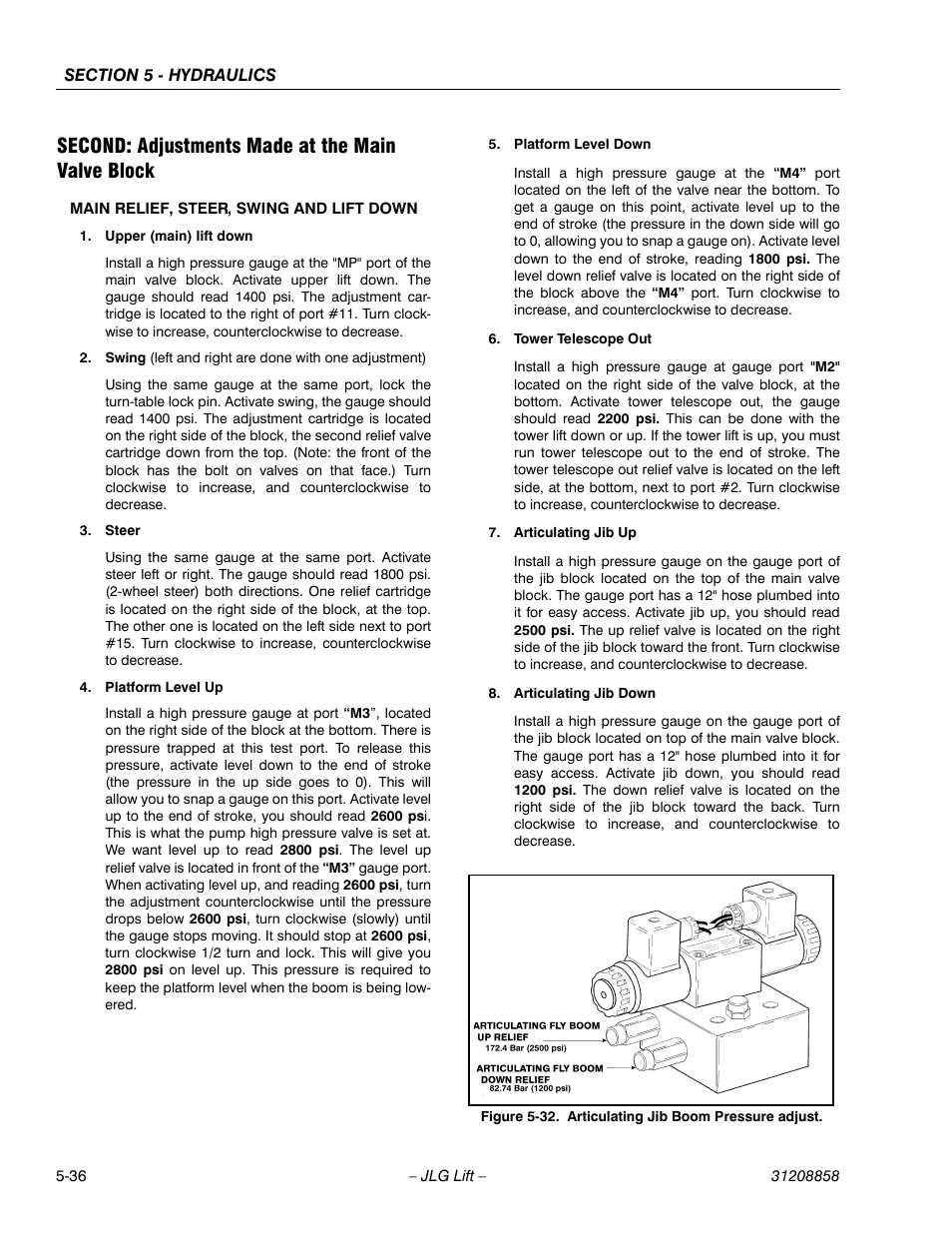 Second: adjustments made at the main valve block, Articulating jib boom pressure adjust -36 | JLG 800A_AJ Service Manual User Manual | Page 318 / 466