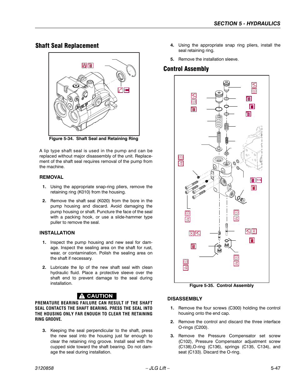 Shaft seal replacement, Control assembly, Shaft seal and retaining ring -47 | Control assembly -47 | JLG 800A_AJ Service Manual User Manual | Page 329 / 466