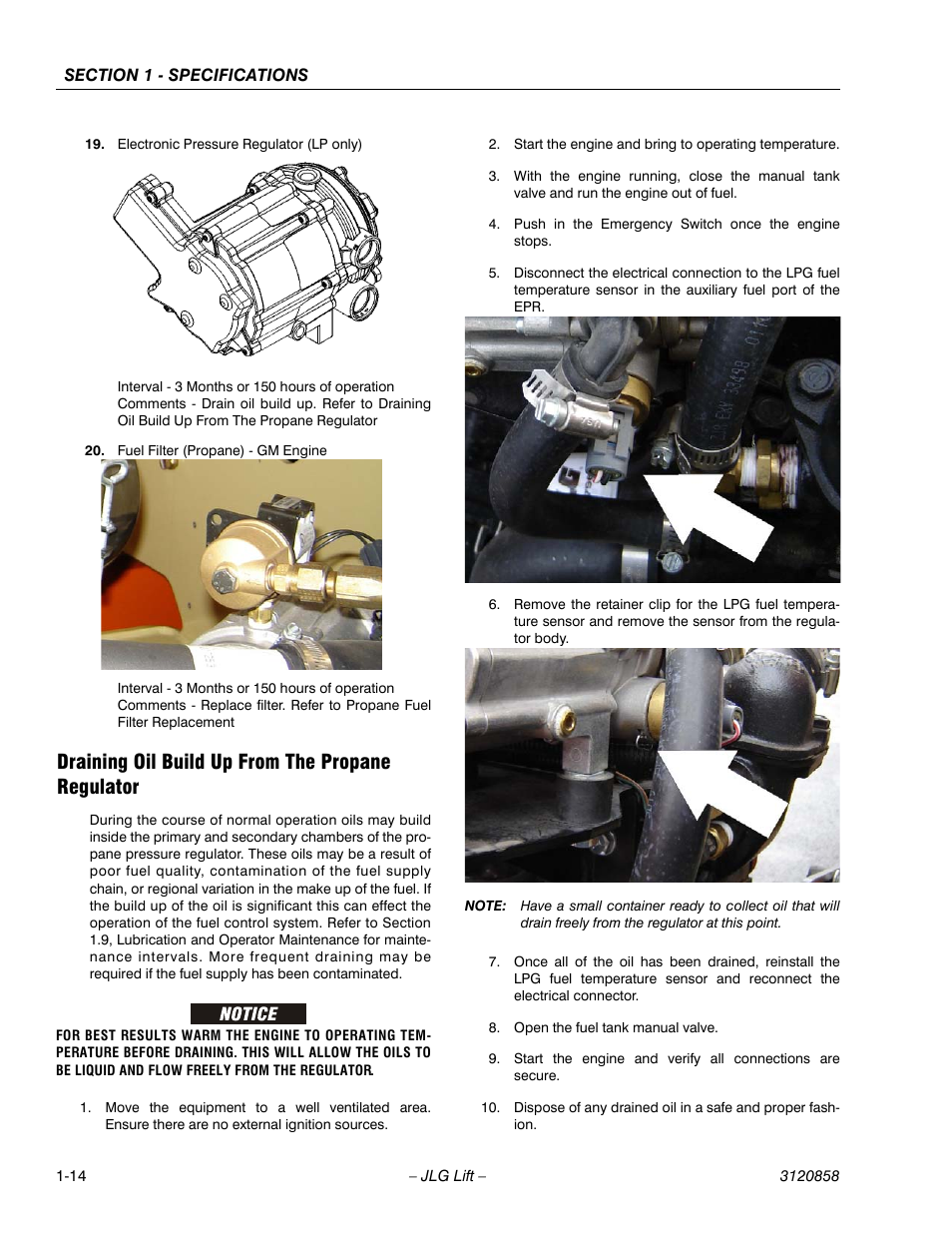 Draining oil build up from the propane regulator | JLG 800A_AJ Service Manual User Manual | Page 34 / 466