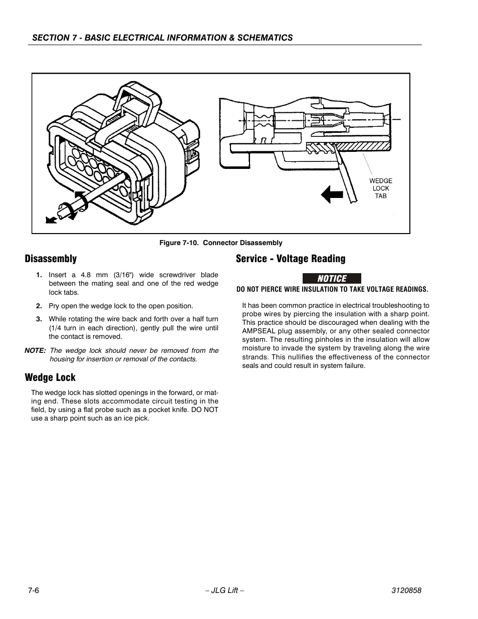 Disassembly, Wedge lock, Service - voltage reading | Connector disassembly -6 | JLG 800A_AJ Service Manual User Manual | Page 406 / 466