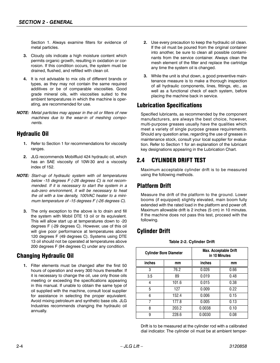 Hydraulic oil, Changing hydraulic oil, Lubrication specifications | 4 cylinder drift test, Platform drift, Cylinder drift, Cylinder drift test -4, Platform drift -4 cylinder drift -4, Cylinder drift -4 | JLG 800A_AJ Service Manual User Manual | Page 48 / 466