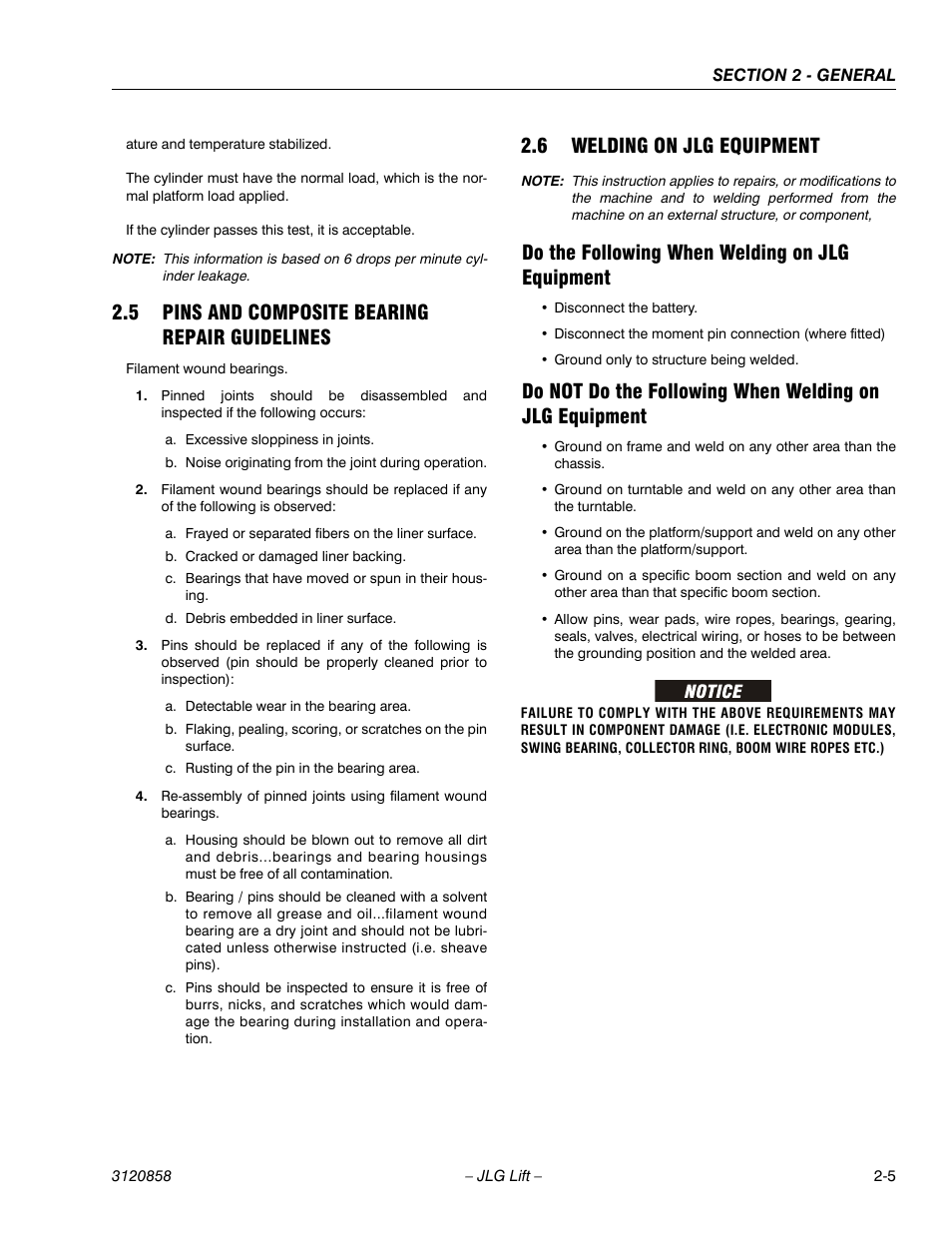 5 pins and composite bearing repair guidelines, 6 welding on jlg equipment, Do the following when welding on jlg equipment | Pins and composite bearing repair guidelines -5, Welding on jlg equipment -5 | JLG 800A_AJ Service Manual User Manual | Page 49 / 466