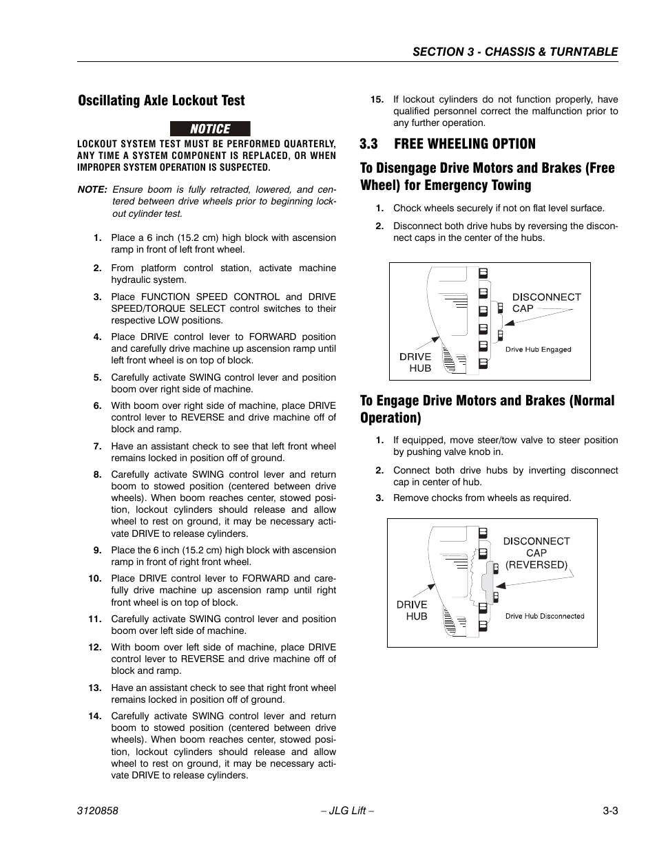 Oscillating axle lockout test, 3 free wheeling option, Oscillating axle lockout test -3 | Free wheeling option -3 | JLG 800A_AJ Service Manual User Manual | Page 59 / 466