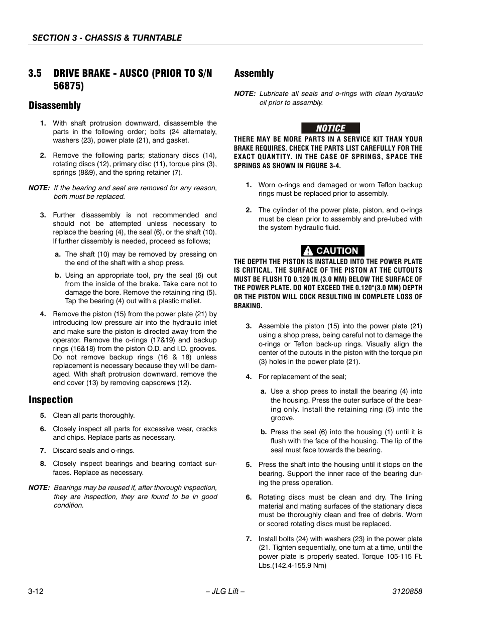 5 drive brake - ausco (prior to s/n 56875), Disassembly, Inspection | Assembly, Drive brake - ausco (prior to s/n 56875) -12, Disassembly -12 inspection -12 assembly -12 | JLG 800A_AJ Service Manual User Manual | Page 68 / 466