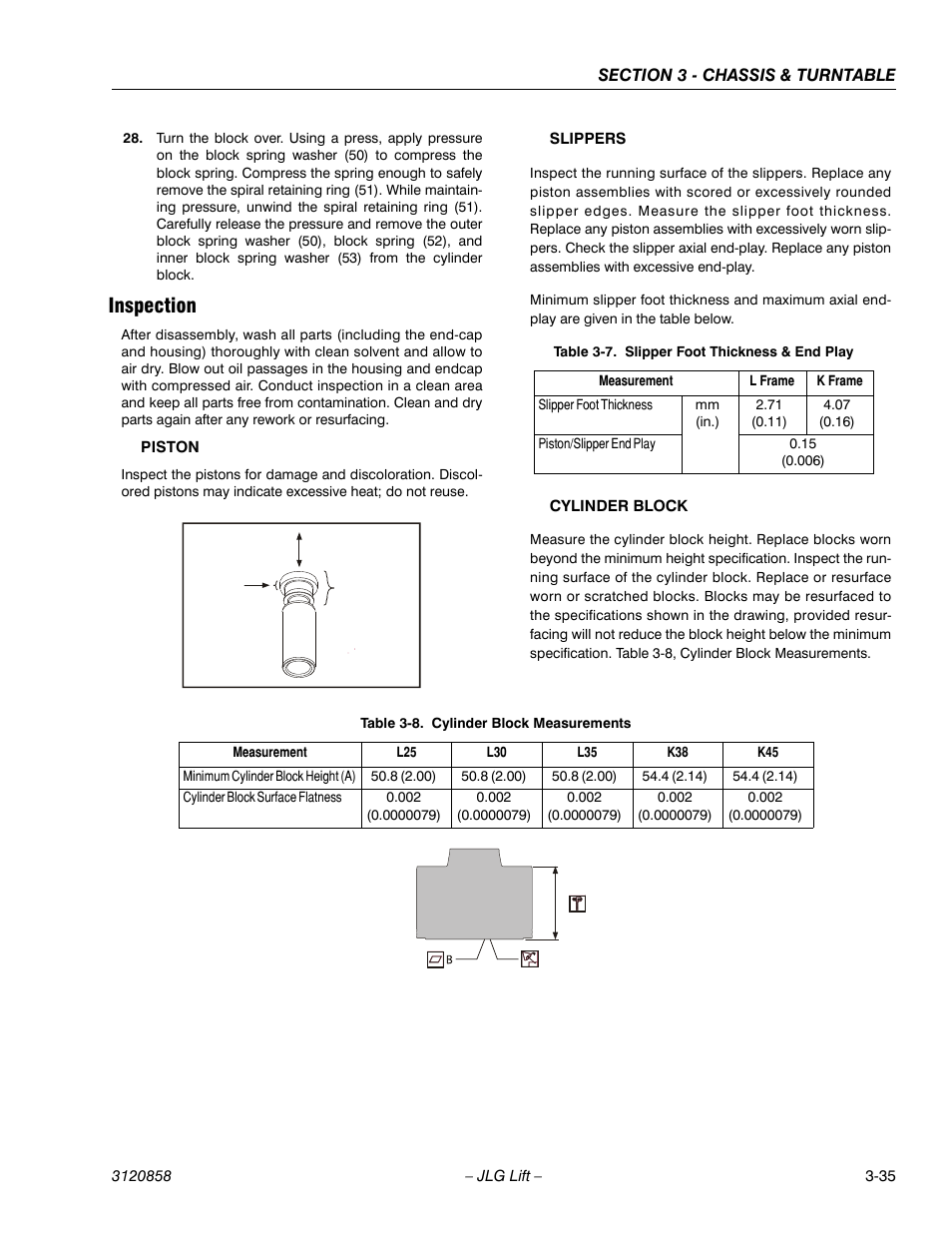 Inspection, Inspection -35, Slipper foot thickness & end play -35 | Cylinder block measurements -35 | JLG 800A_AJ Service Manual User Manual | Page 91 / 466